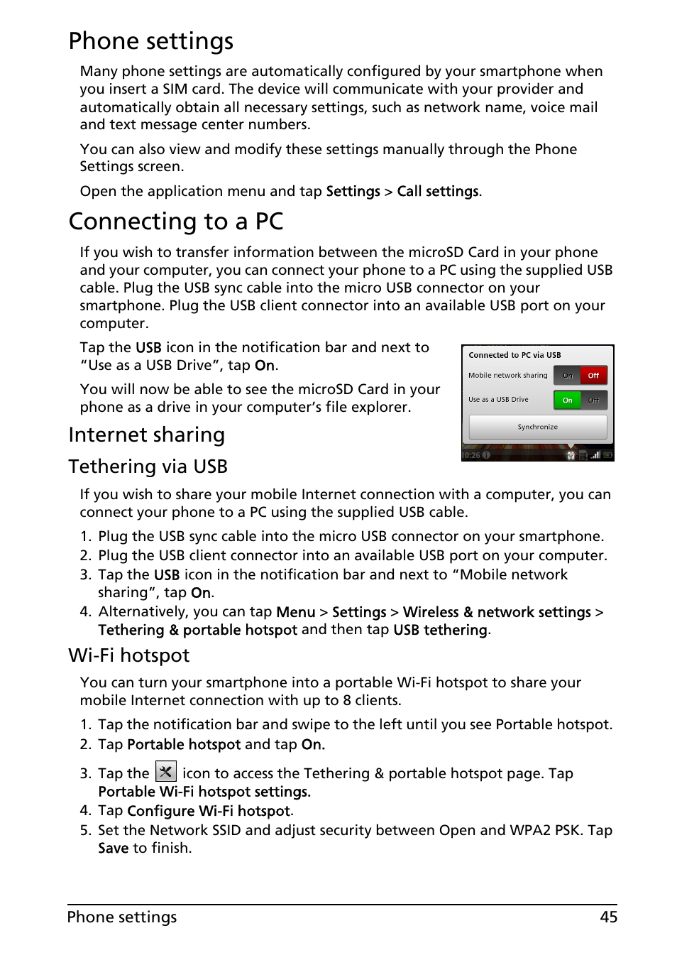 Phone settings, Connecting to a pc, Phone settings connecting to a pc | Internet sharing, Tethering via usb, Wi-fi hotspot | Acer Liquid MT S120 User Manual | Page 45 / 68
