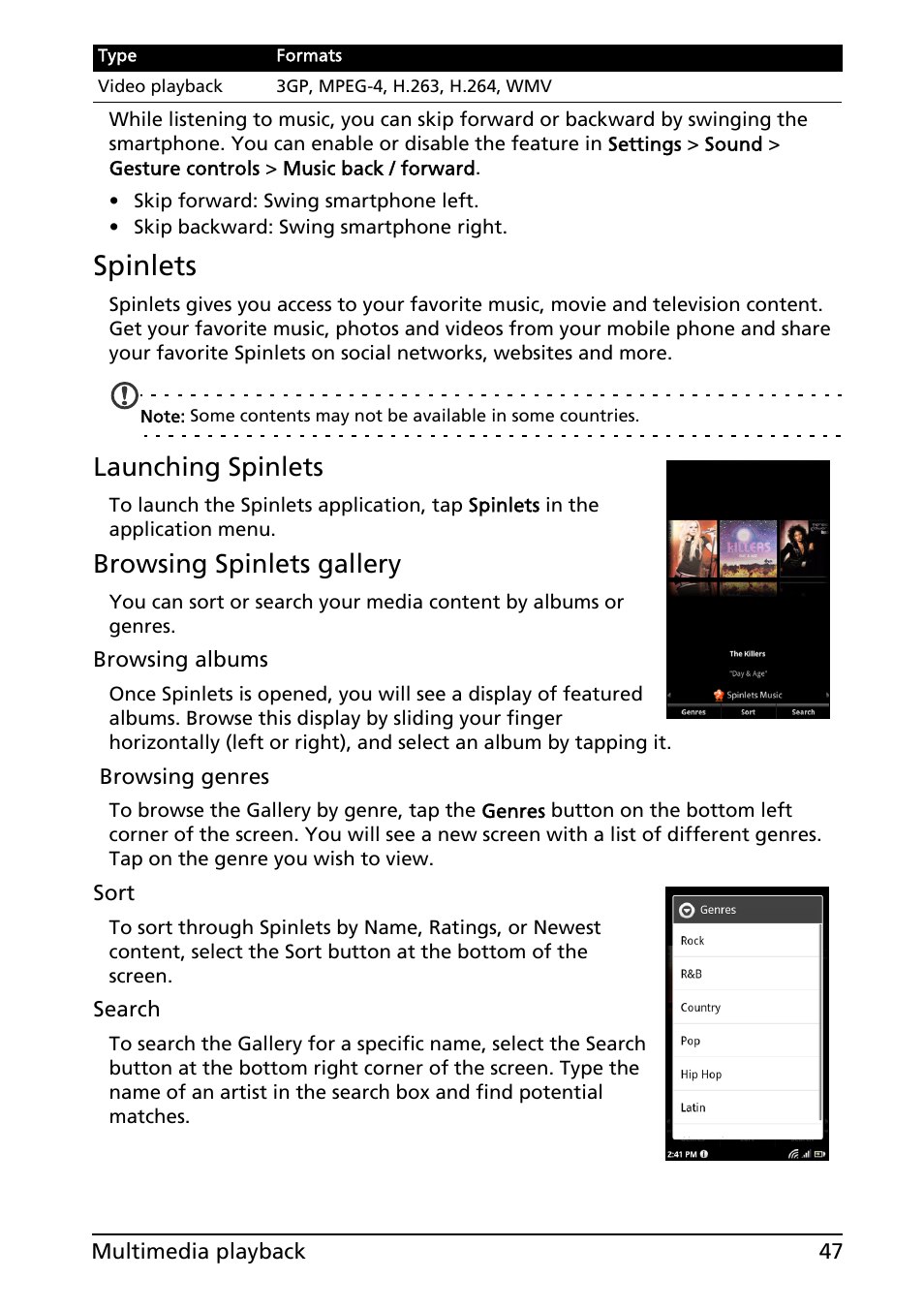 Spinlets, Launching spinlets, Browsing spinlets gallery | Acer Liquid MT S120 User Manual | Page 47 / 68