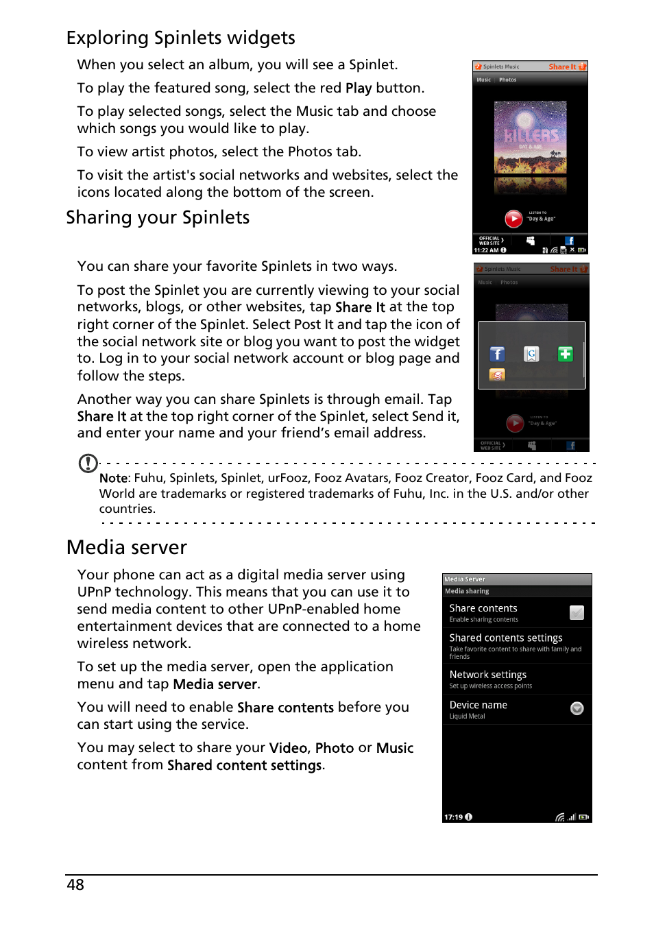 Media server, Exploring spinlets widgets, Sharing your spinlets | Acer Liquid MT S120 User Manual | Page 48 / 68