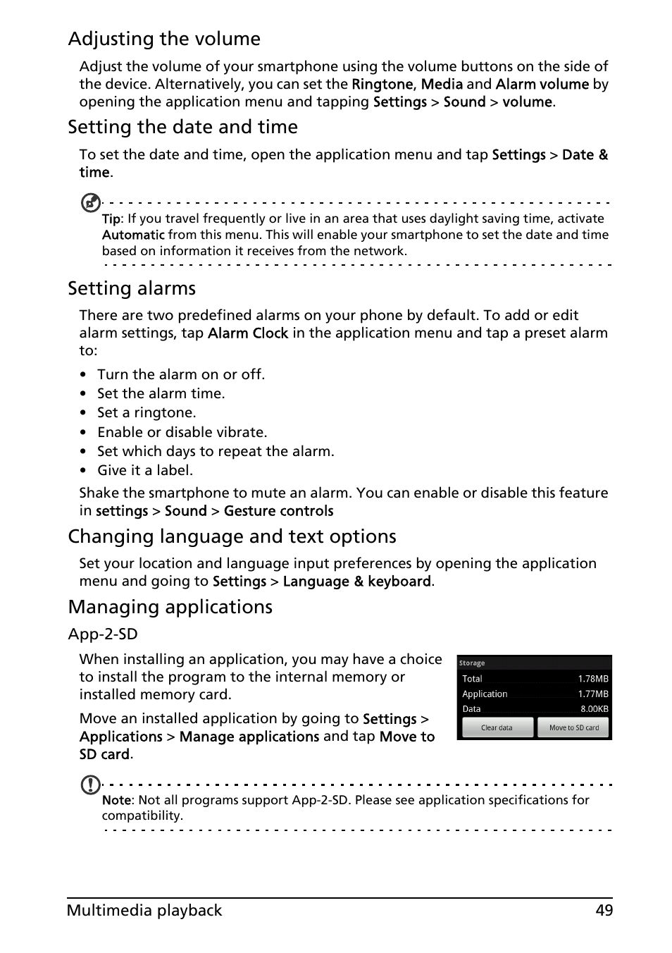 Adjusting the volume, Setting the date and time, Setting alarms | Changing language and text options, Managing applications | Acer Liquid MT S120 User Manual | Page 49 / 68