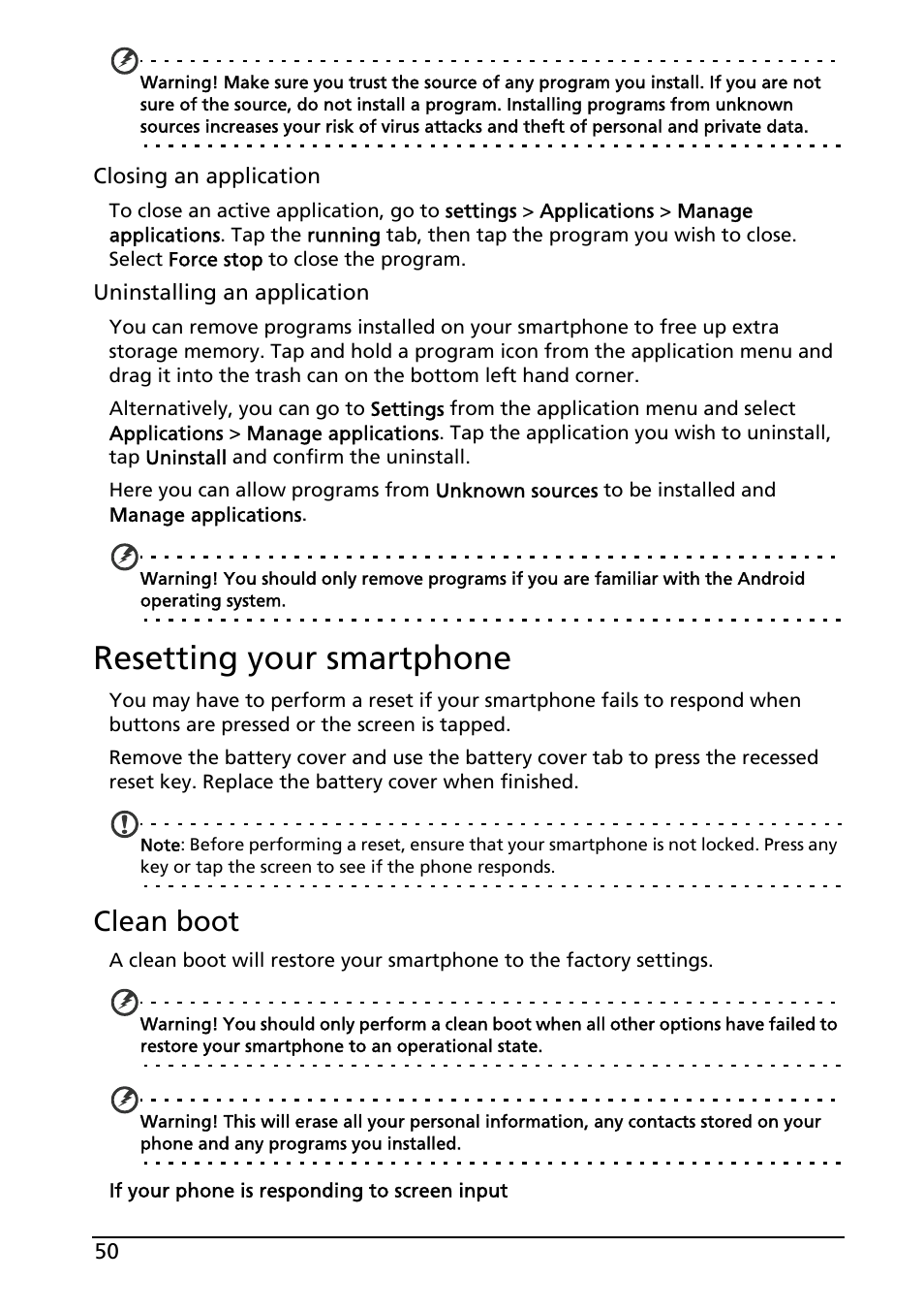 Resetting your smartphone, Clean boot | Acer Liquid MT S120 User Manual | Page 50 / 68