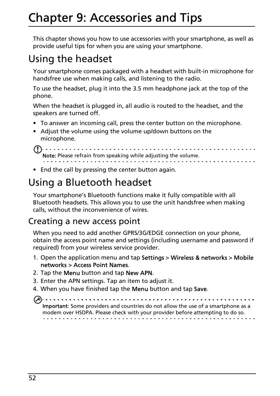 Using the headset, Using a bluetooth headset, Accessories and tips | Using the headset using a bluetooth headset, Chapter 9: accessories and tips, Creating a new access point | Acer Liquid MT S120 User Manual | Page 52 / 68