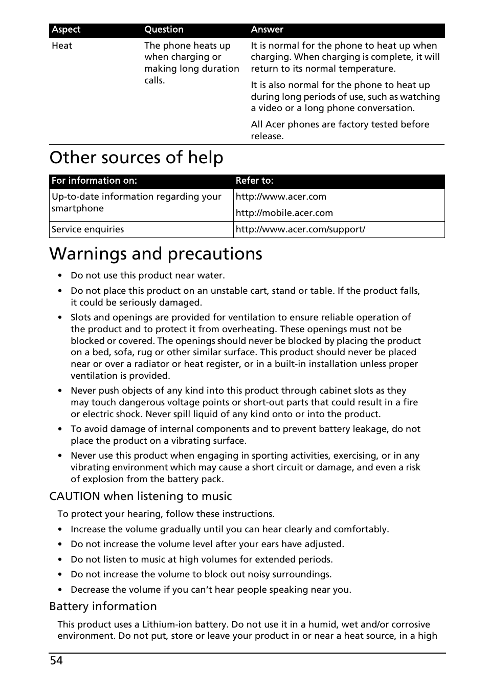 Other sources of help, Warnings and precautions, Other sources of help warnings and precautions | Acer Liquid MT S120 User Manual | Page 54 / 68