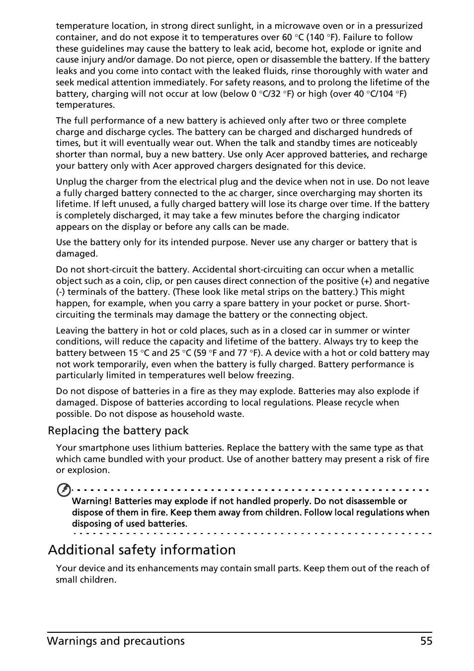 Additional safety information | Acer Liquid MT S120 User Manual | Page 55 / 68
