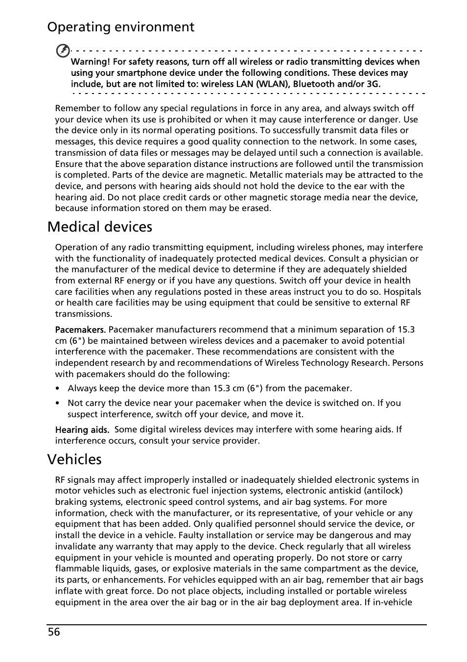 Medical devices, Vehicles, Operating environment | Acer Liquid MT S120 User Manual | Page 56 / 68