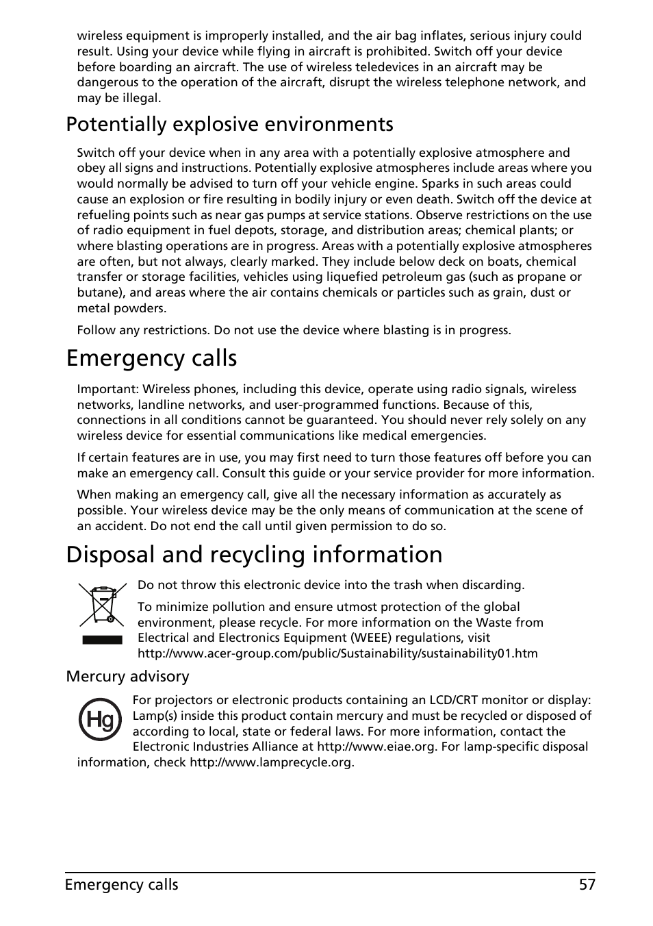 Emergency calls, Disposal and recycling information, Emergency calls disposal and recycling information | Potentially explosive environments | Acer Liquid MT S120 User Manual | Page 57 / 68