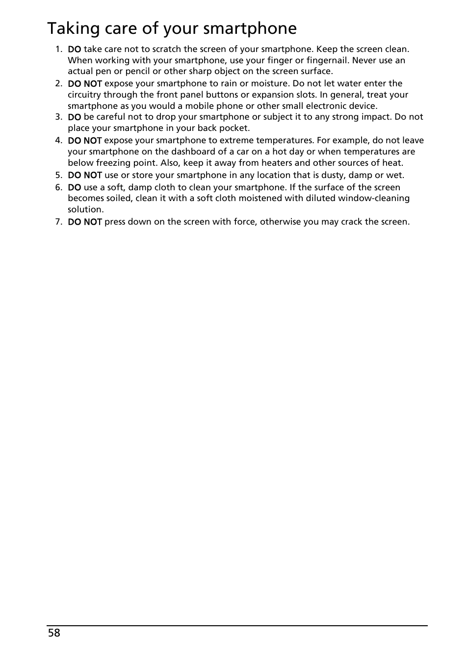 Taking care of your smartphone | Acer Liquid MT S120 User Manual | Page 58 / 68