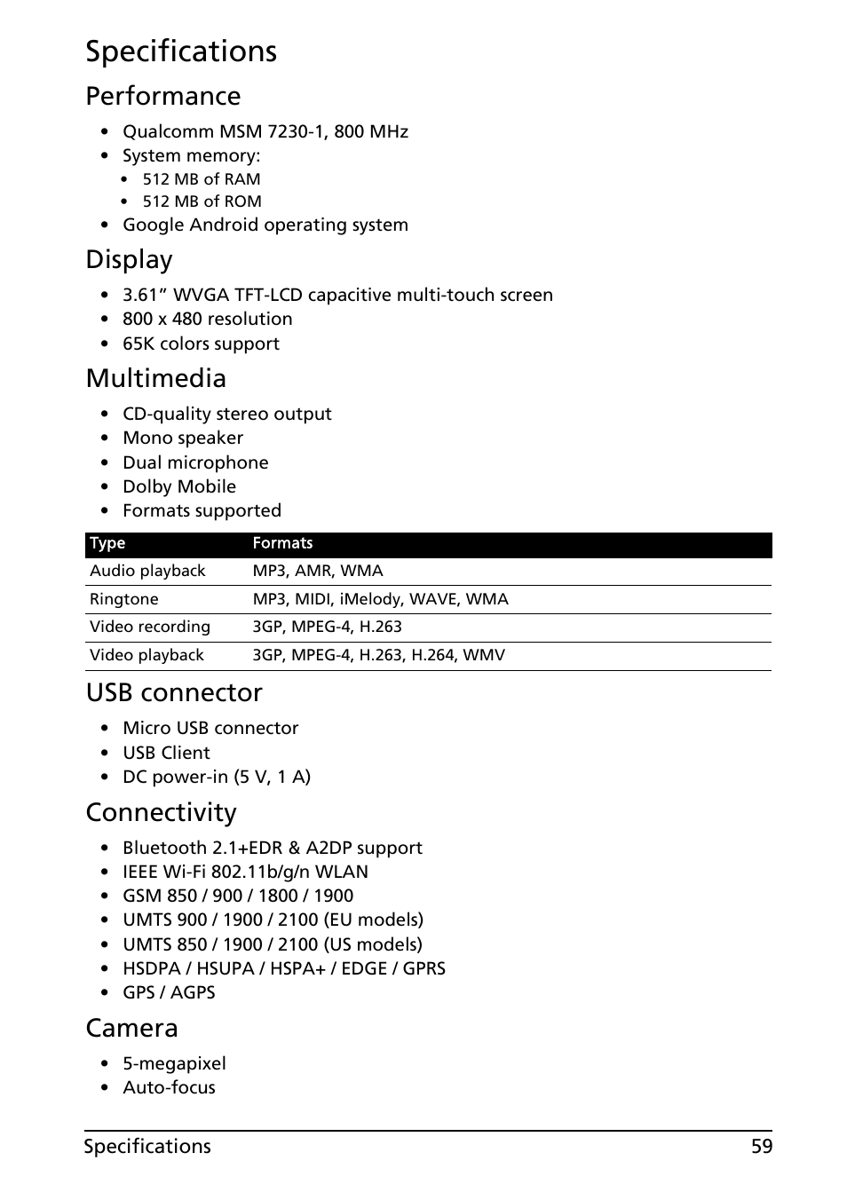 Specifications, Performance, Display | Multimedia, Usb connector, Connectivity, Camera | Acer Liquid MT S120 User Manual | Page 59 / 68