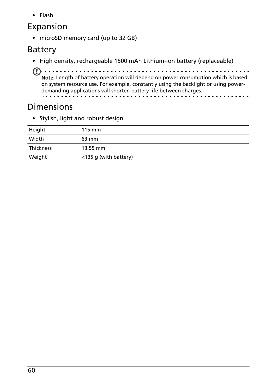 Expansion, Battery, Dimensions | Acer Liquid MT S120 User Manual | Page 60 / 68