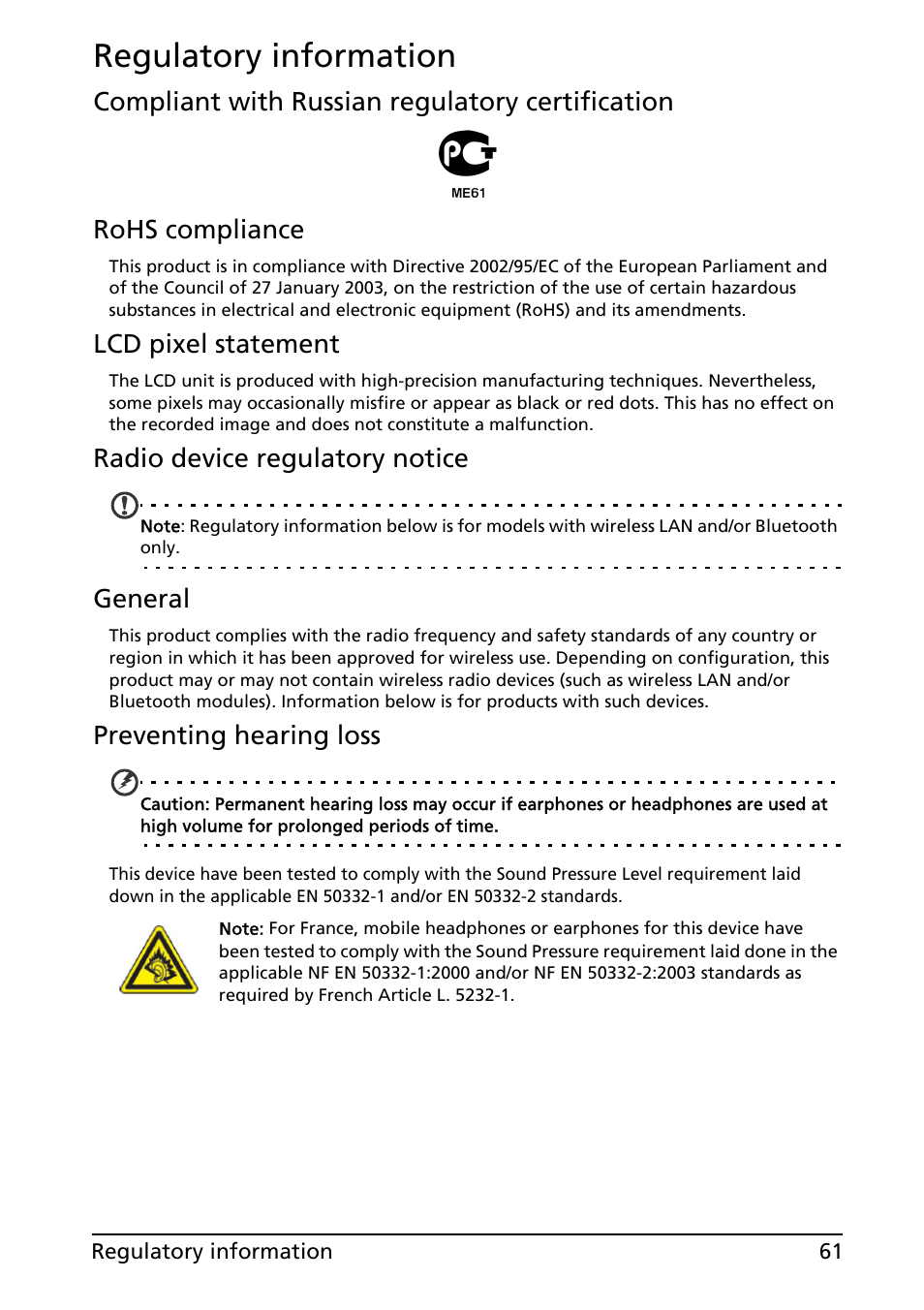 Regulatory information, Lcd pixel statement, Radio device regulatory notice | General, Preventing hearing loss | Acer Liquid MT S120 User Manual | Page 61 / 68