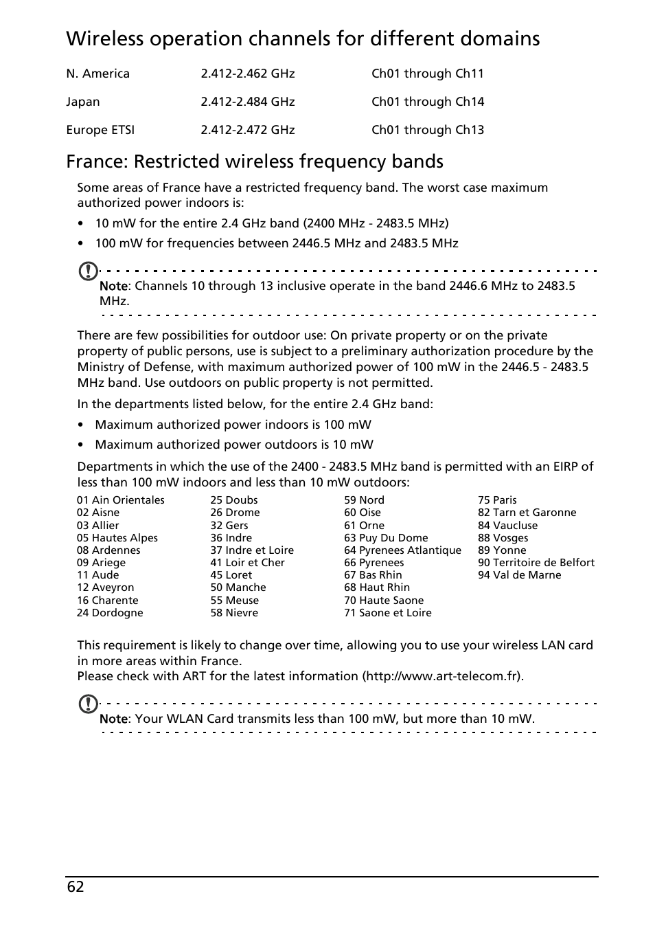 Wireless operation channels for different domains, France: restricted wireless frequency bands | Acer Liquid MT S120 User Manual | Page 62 / 68