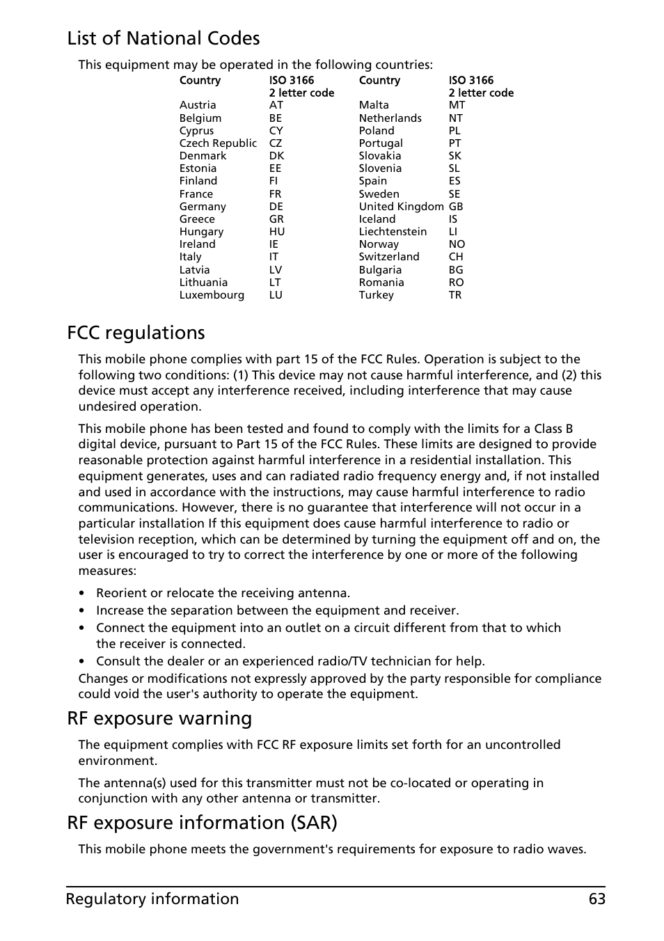 List of national codes, Fcc regulations, Rf exposure warning | Rf exposure information (sar), 63 regulatory information | Acer Liquid MT S120 User Manual | Page 63 / 68