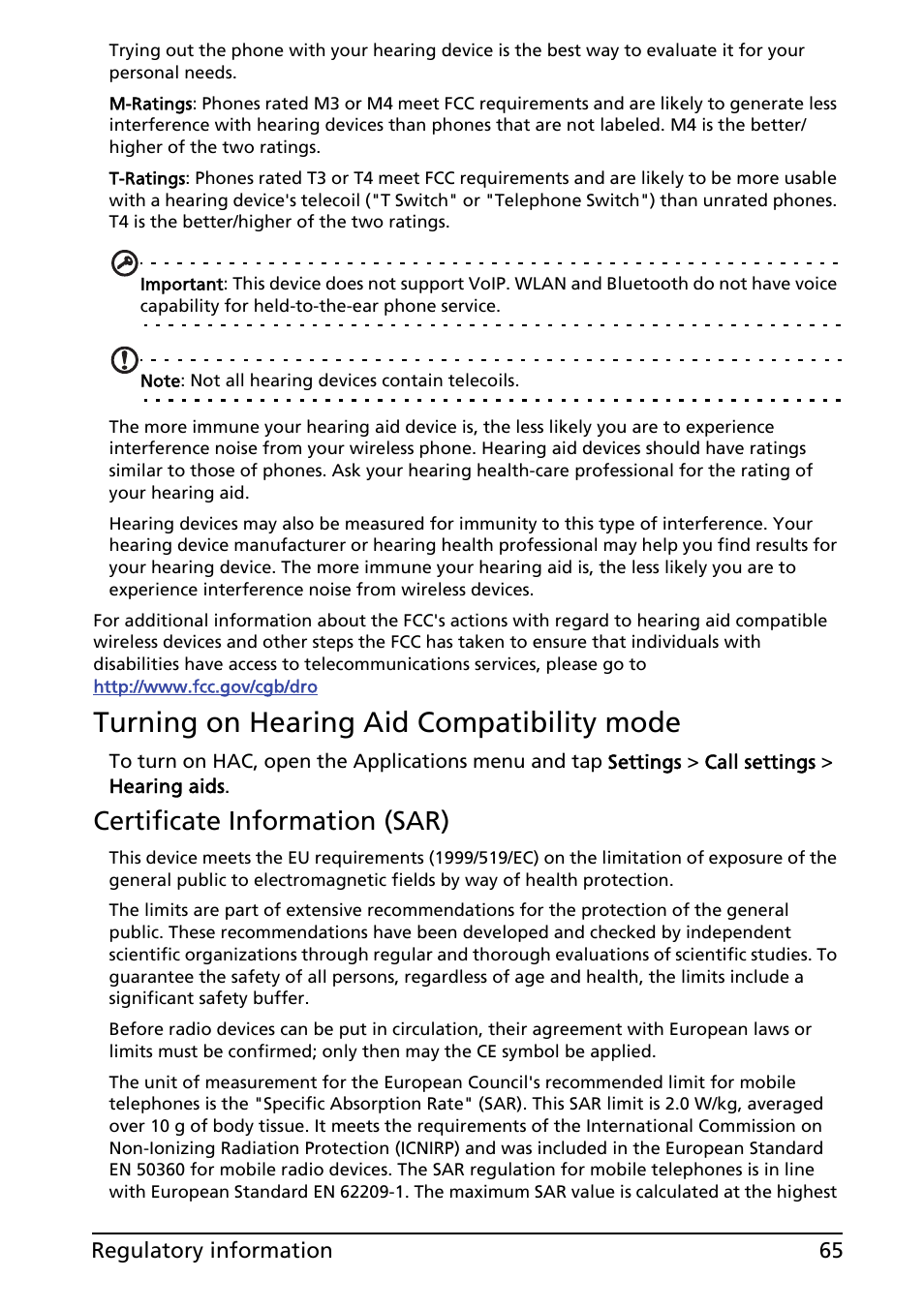 Turning on hearing aid compatibility mode, Certificate information (sar) | Acer Liquid MT S120 User Manual | Page 65 / 68