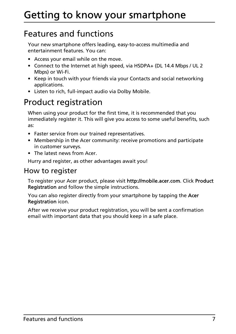 Features and functions, Product registration, Features and functions product registration | Getting to know your smartphone, How to register | Acer Liquid MT S120 User Manual | Page 7 / 68
