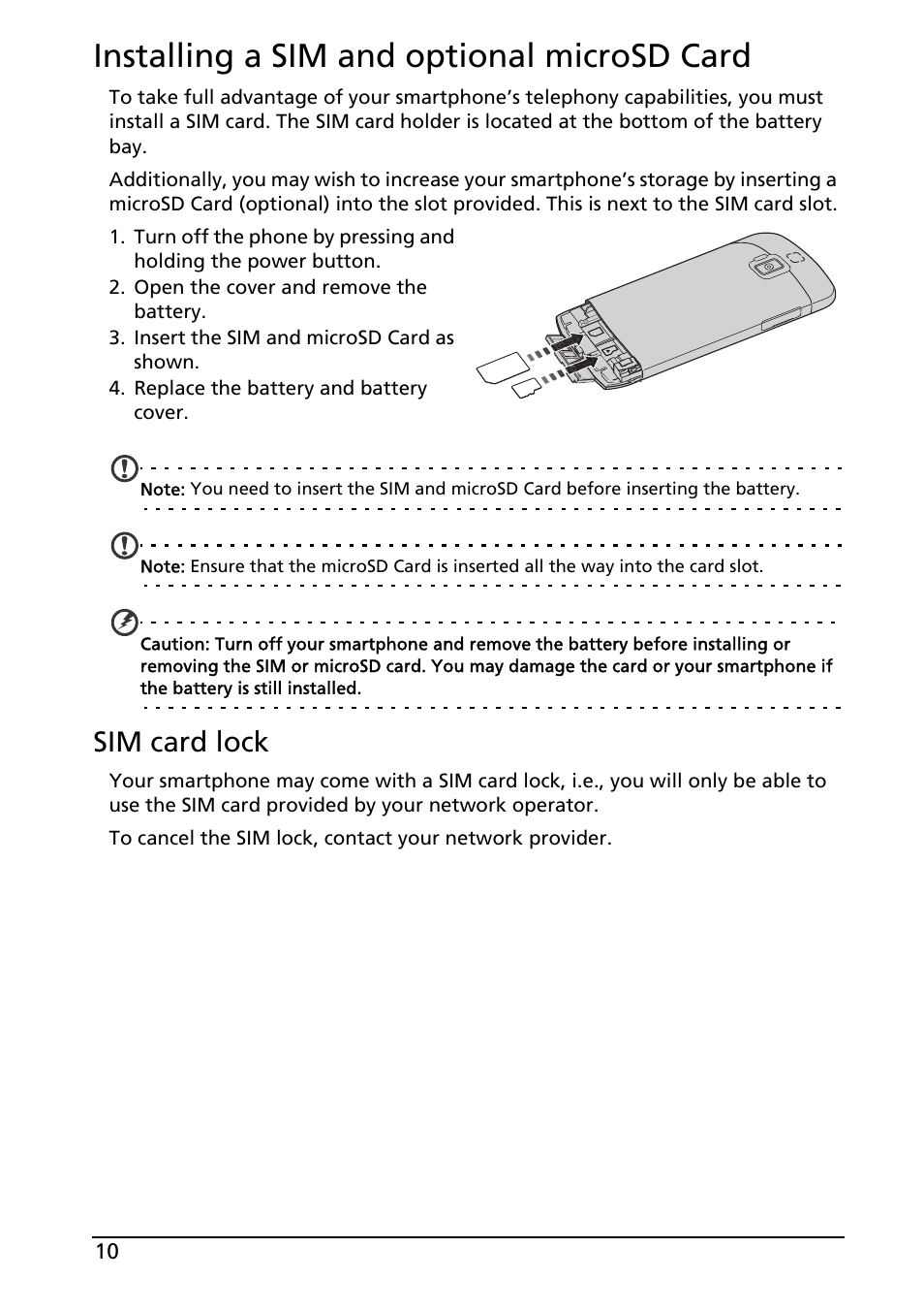 Installing a sim and optional microsd card, Sim card lock | Acer ICONIA SMART (S300) User Manual | Page 10 / 69