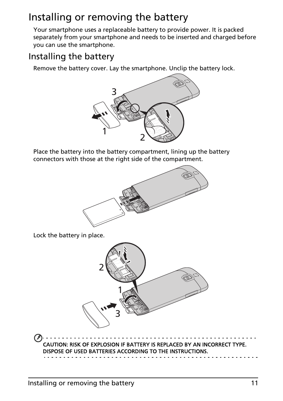 Installing or removing the battery | Acer ICONIA SMART (S300) User Manual | Page 11 / 69