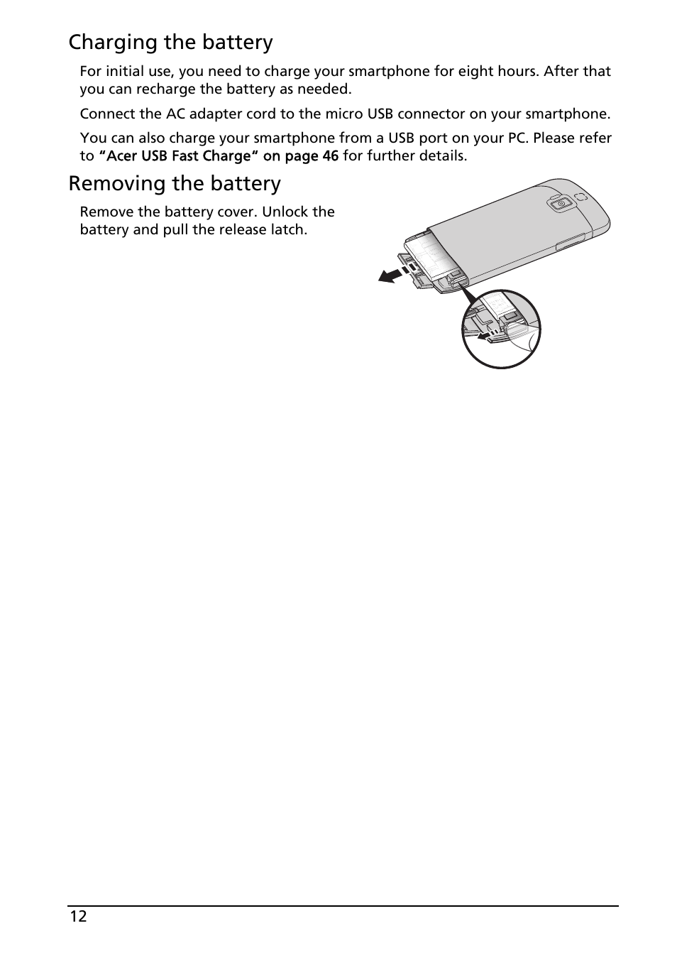 Charging the battery, Removing the battery | Acer ICONIA SMART (S300) User Manual | Page 12 / 69