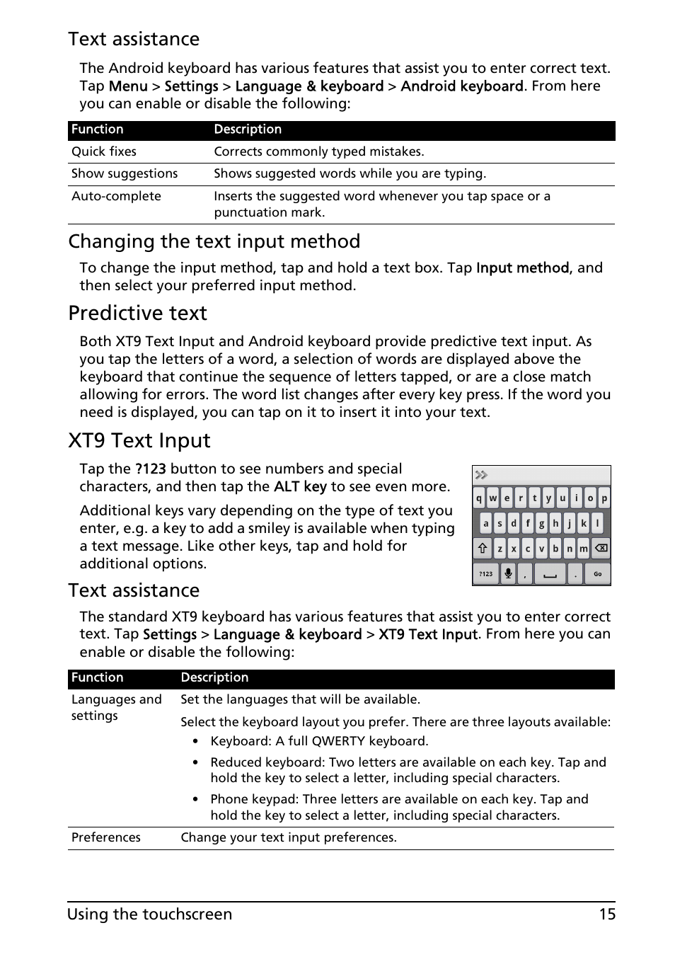 Predictive text, Xt9 text input, Text assistance | Changing the text input method | Acer ICONIA SMART (S300) User Manual | Page 15 / 69