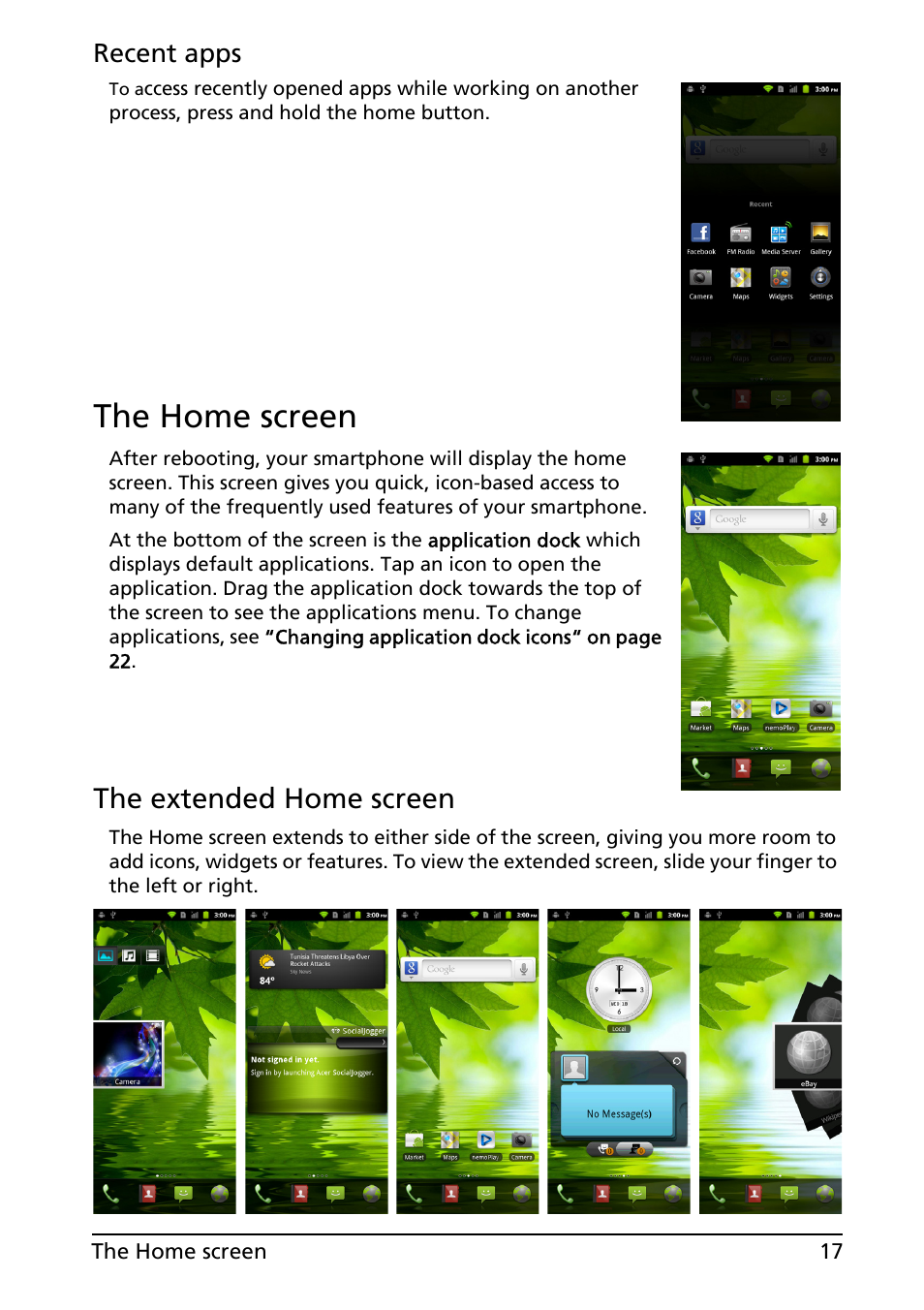 The home screen, The extended home screen, Recent apps | Acer ICONIA SMART (S300) User Manual | Page 17 / 69