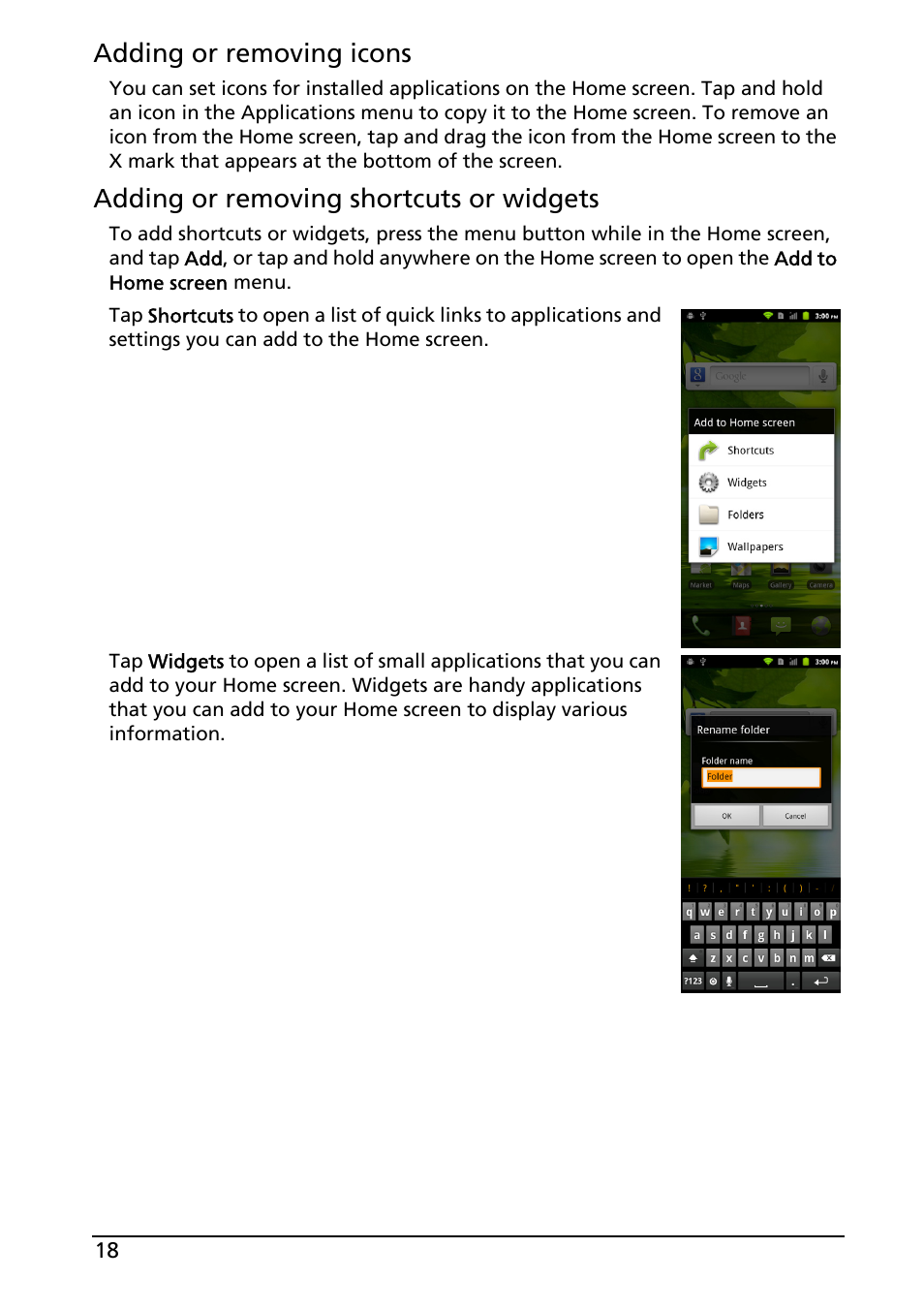 Adding or removing icons, Adding or removing shortcuts or widgets | Acer ICONIA SMART (S300) User Manual | Page 18 / 69