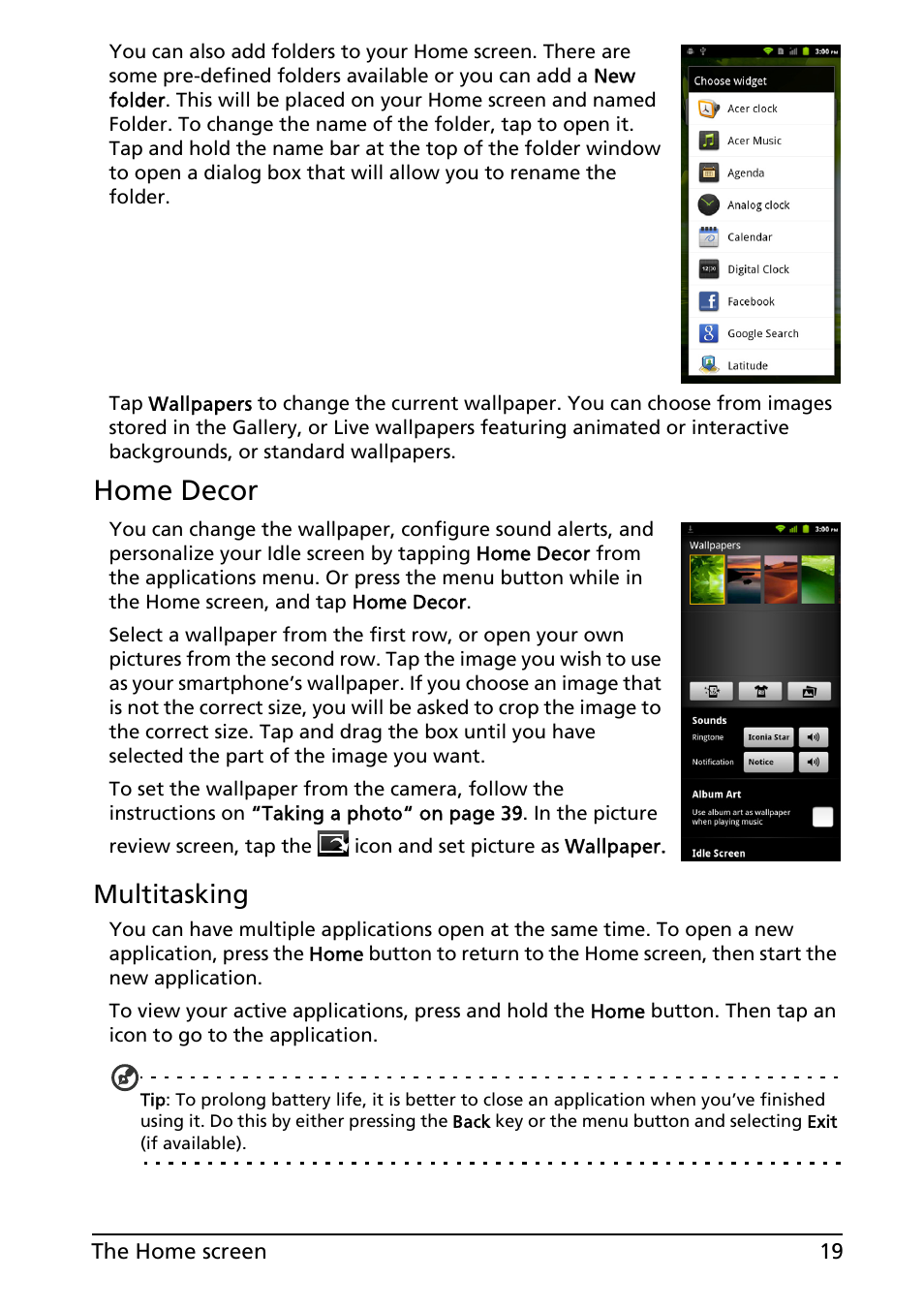 Home decor, Multitasking | Acer ICONIA SMART (S300) User Manual | Page 19 / 69