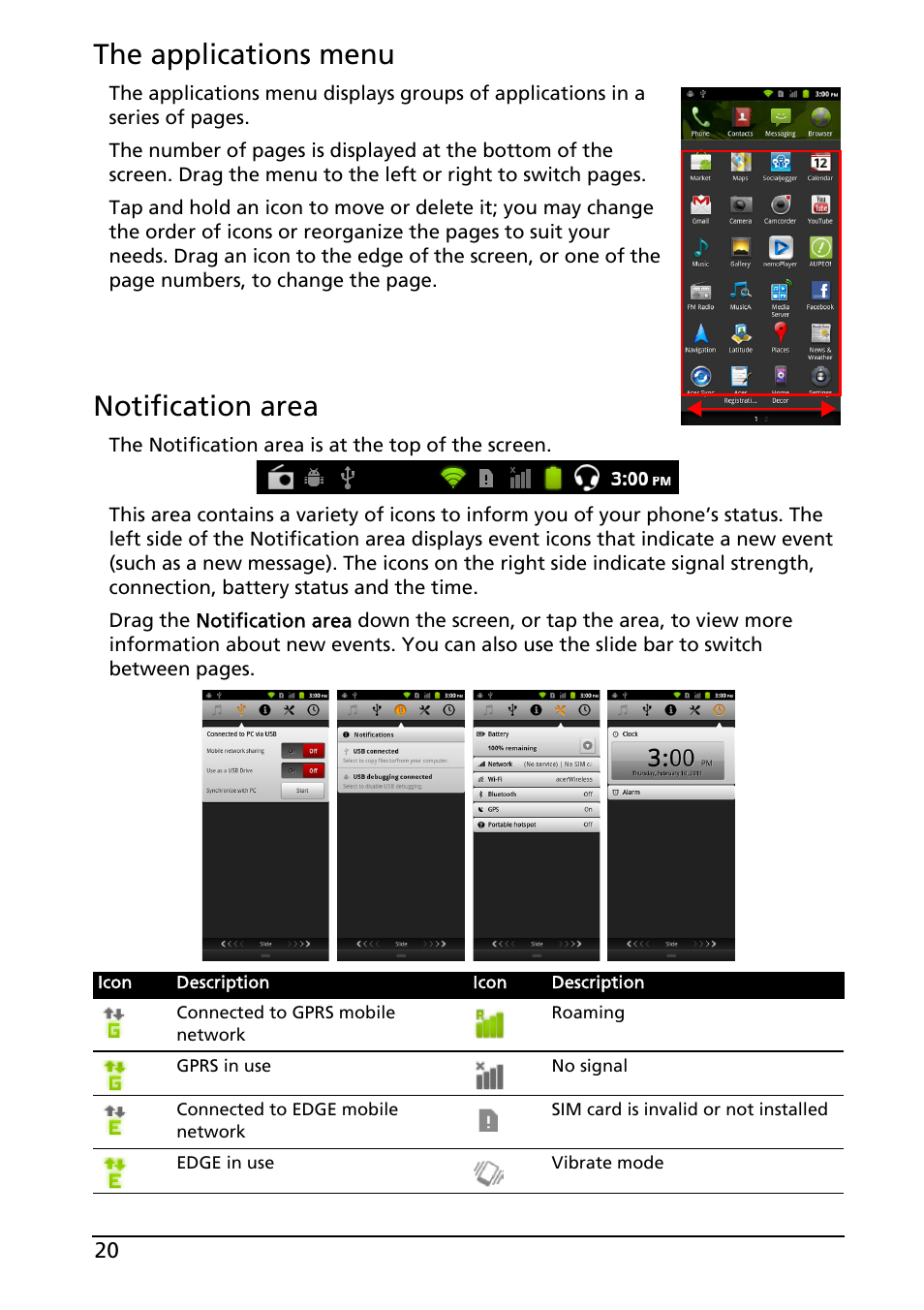 The applications menu, Notification area | Acer ICONIA SMART (S300) User Manual | Page 20 / 69