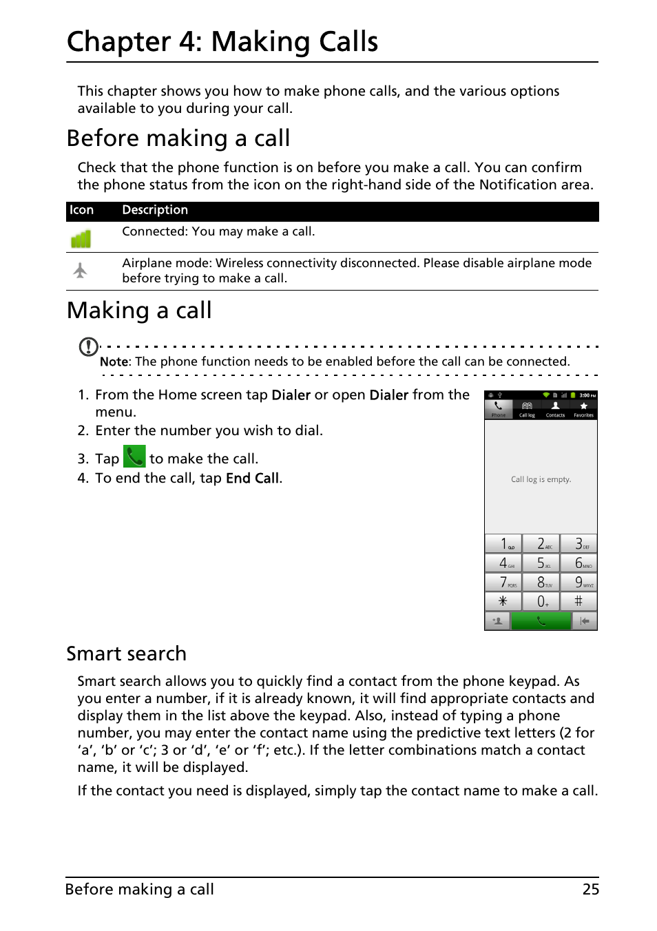 Chapter 4: making calls, Before making a call, Making a call | Making calls, Before making a call making a call, Smart search | Acer ICONIA SMART (S300) User Manual | Page 25 / 69
