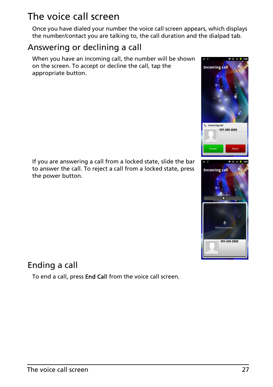 The voice call screen, Answering or declining a call, Ending a call | Acer ICONIA SMART (S300) User Manual | Page 27 / 69