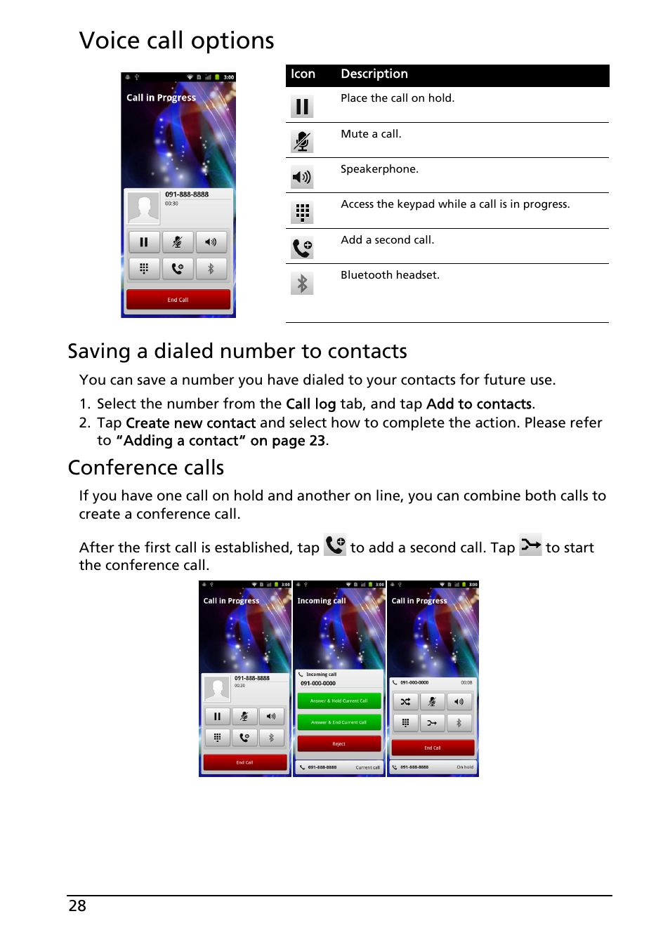 Voice call options, Saving a dialed number to contacts, Conference calls | Acer ICONIA SMART (S300) User Manual | Page 28 / 69