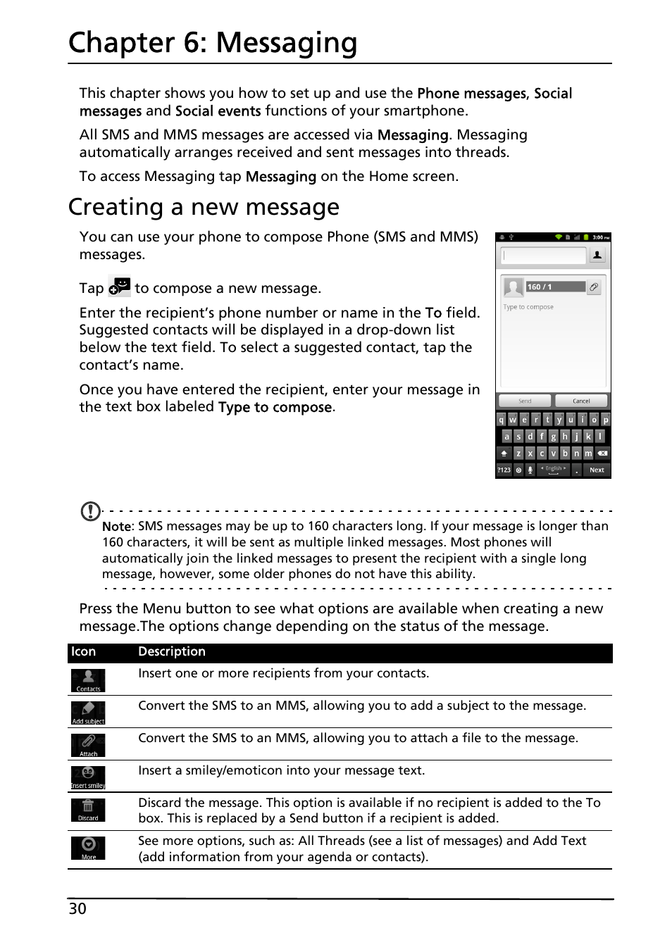 Chapter 6: messaging, Creating a new message, Messaging | Acer ICONIA SMART (S300) User Manual | Page 30 / 69