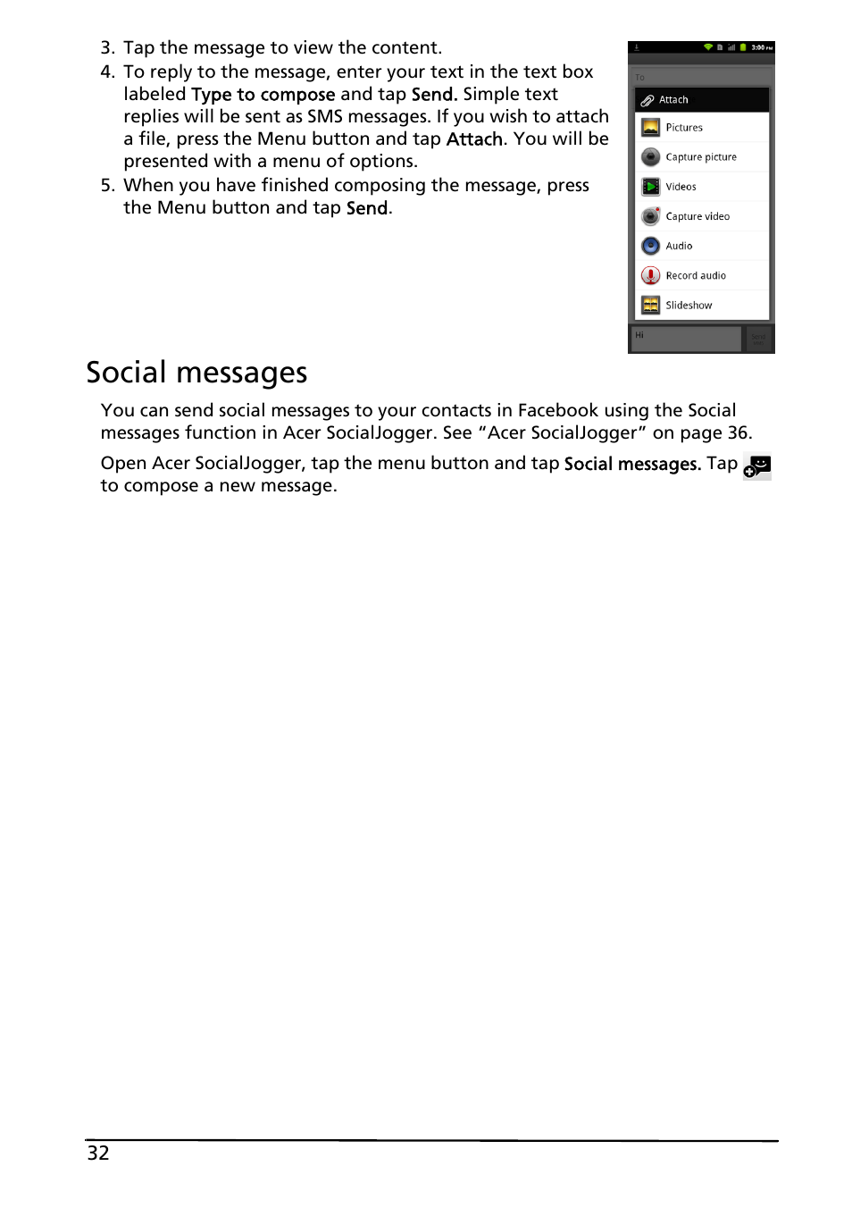 Social messages | Acer ICONIA SMART (S300) User Manual | Page 32 / 69