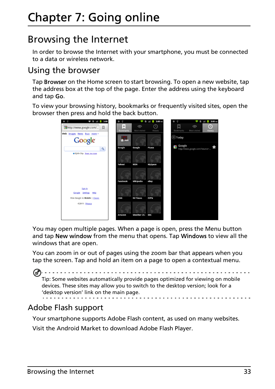 Chapter 7: going online, Browsing the internet, Going online | Using the browser | Acer ICONIA SMART (S300) User Manual | Page 33 / 69