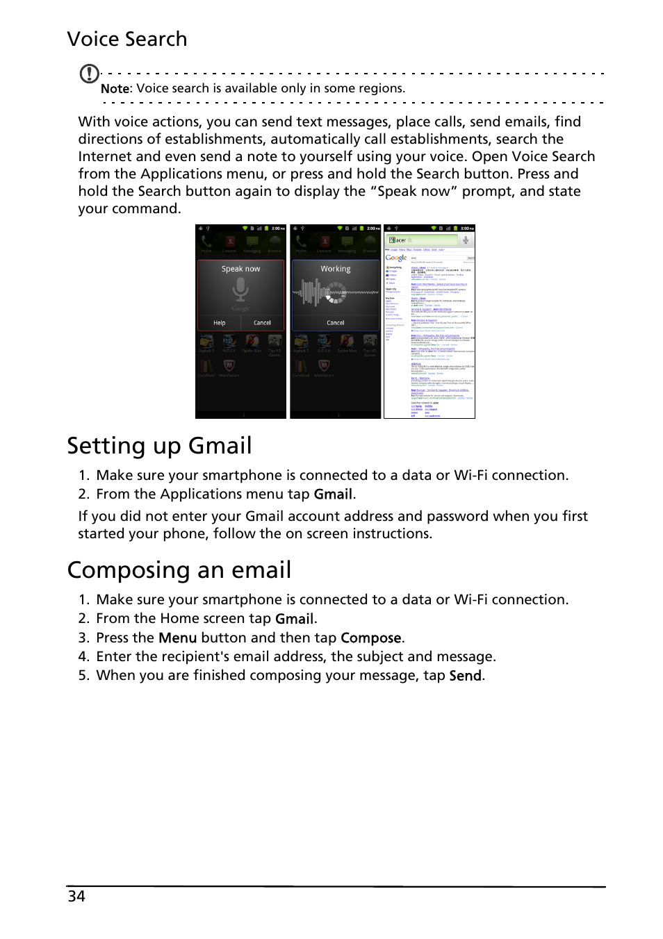 Setting up gmail, Composing an email, Setting up gmail composing an email | Voice search | Acer ICONIA SMART (S300) User Manual | Page 34 / 69