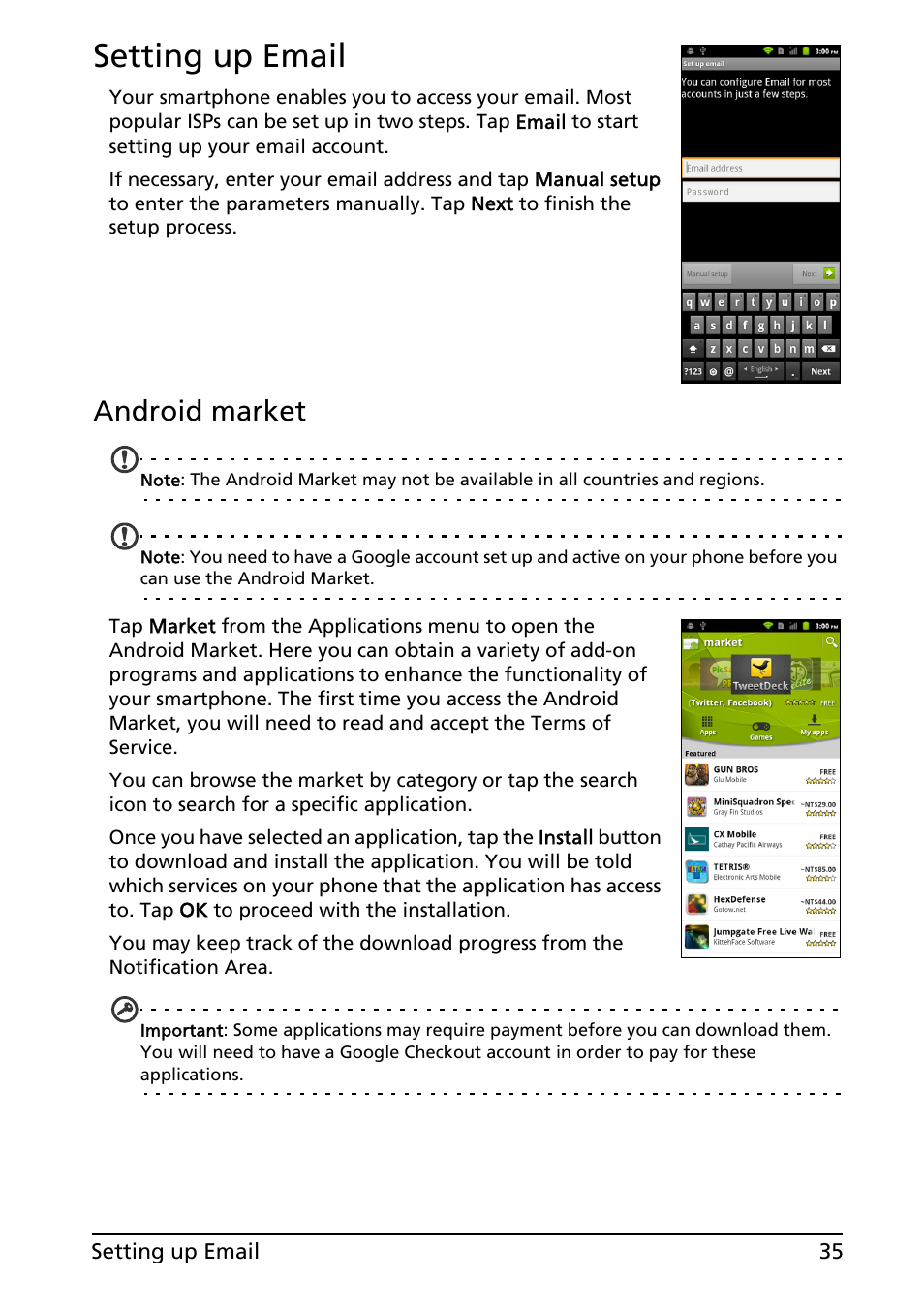 Setting up email, Android market | Acer ICONIA SMART (S300) User Manual | Page 35 / 69