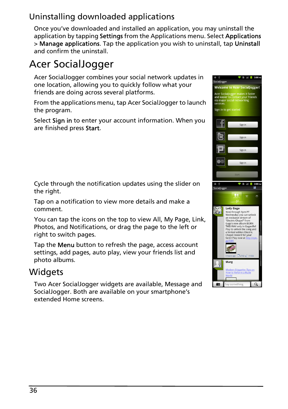 Acer socialjogger, Widgets | Acer ICONIA SMART (S300) User Manual | Page 36 / 69