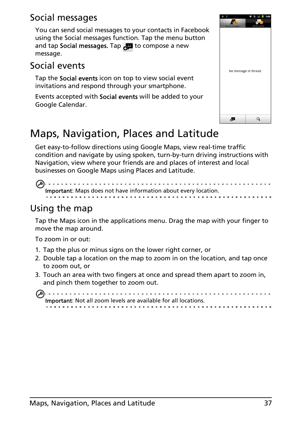 Maps, navigation, places and latitude, Social messages, Social events | Using the map | Acer ICONIA SMART (S300) User Manual | Page 37 / 69