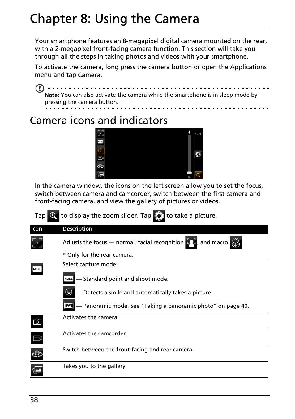 Chapter 8: using the camera, Camera icons and indicators, Using the camera | Acer ICONIA SMART (S300) User Manual | Page 38 / 69