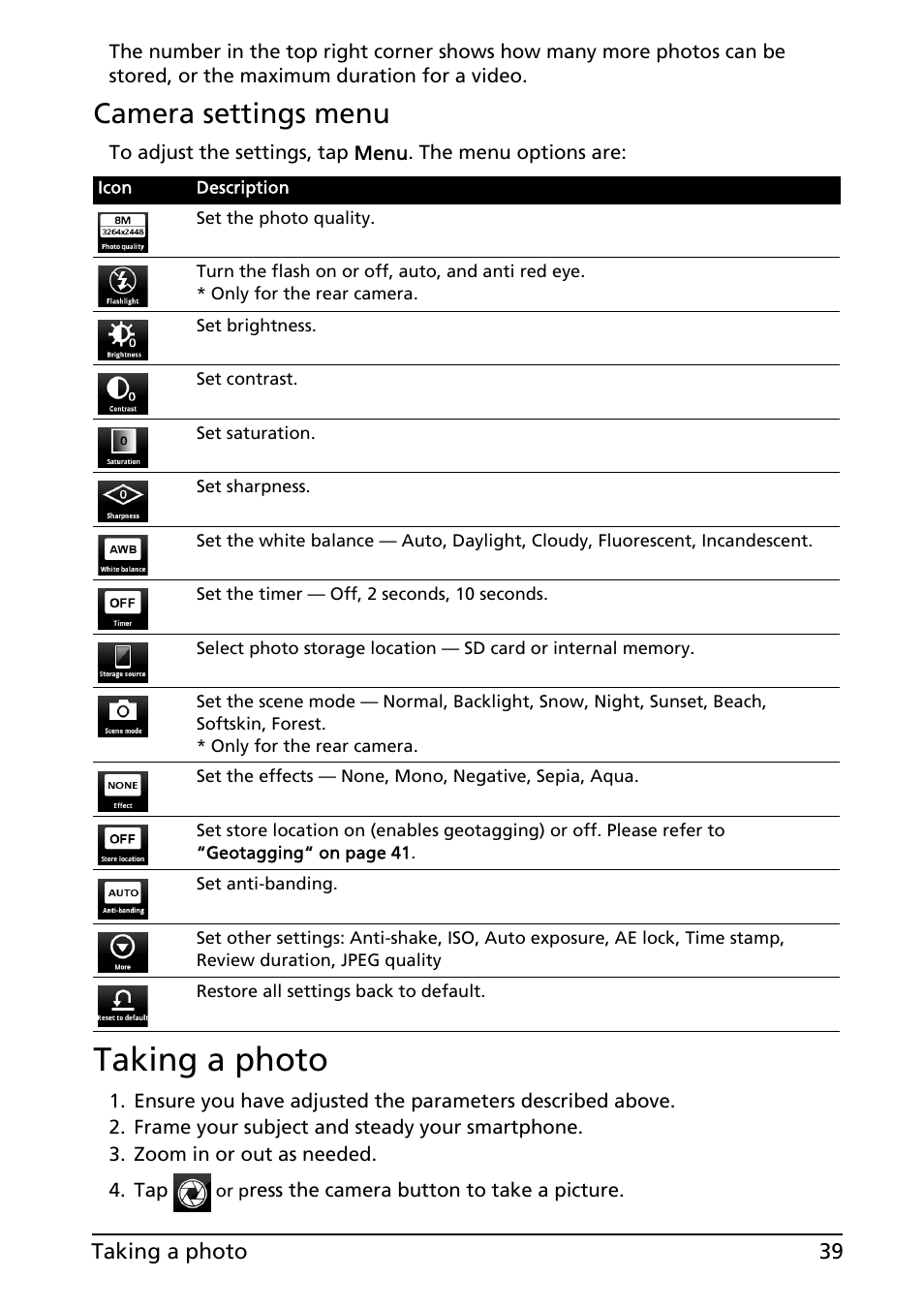 Taking a photo, Camera settings menu | Acer ICONIA SMART (S300) User Manual | Page 39 / 69