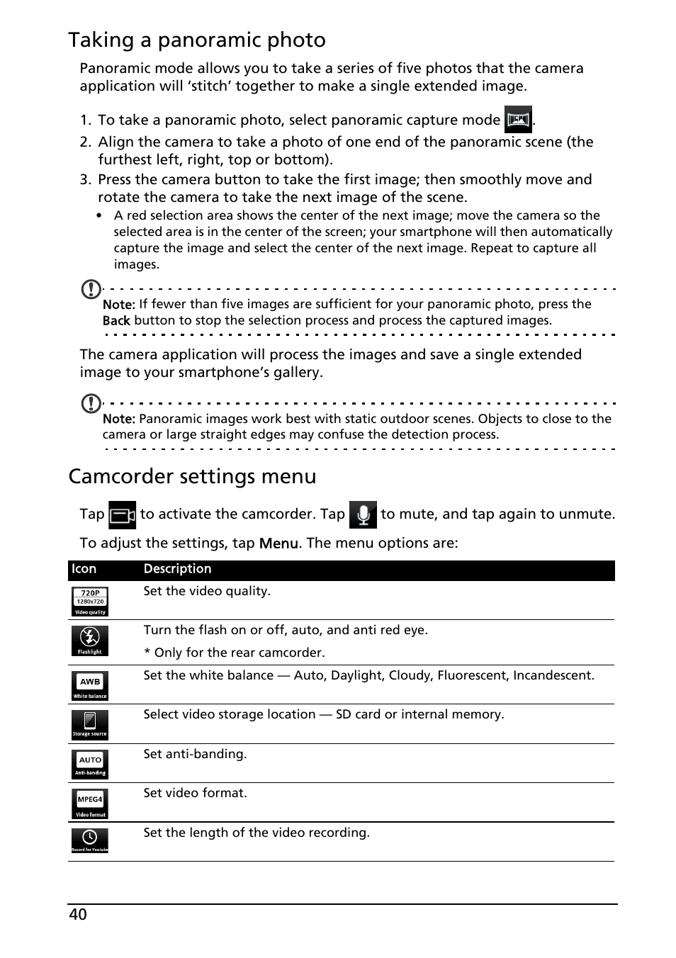 Taking a panoramic photo, Camcorder settings menu | Acer ICONIA SMART (S300) User Manual | Page 40 / 69