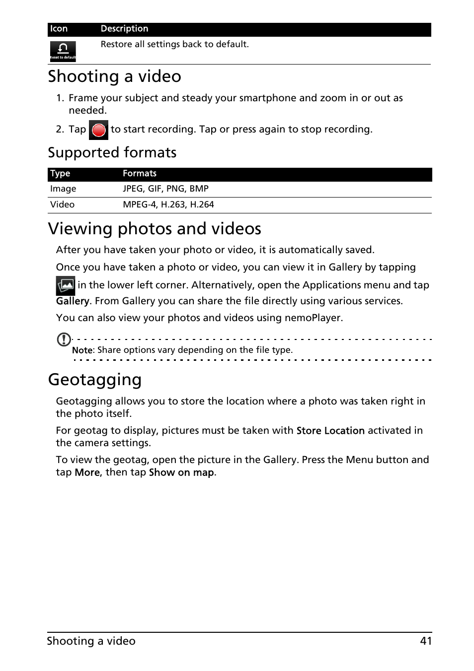 Shooting a video, Viewing photos and videos, Geotagging | Supported formats | Acer ICONIA SMART (S300) User Manual | Page 41 / 69