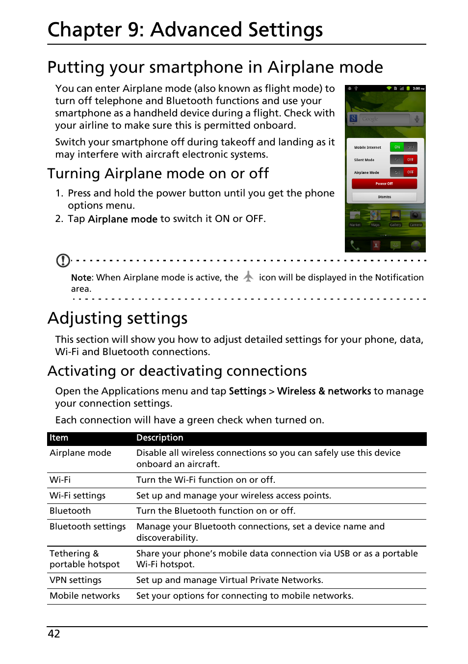 Chapter 9: advanced settings, Putting your smartphone in airplane mode, Adjusting settings | Advanced settings, Turning airplane mode on or off, Activating or deactivating connections | Acer ICONIA SMART (S300) User Manual | Page 42 / 69