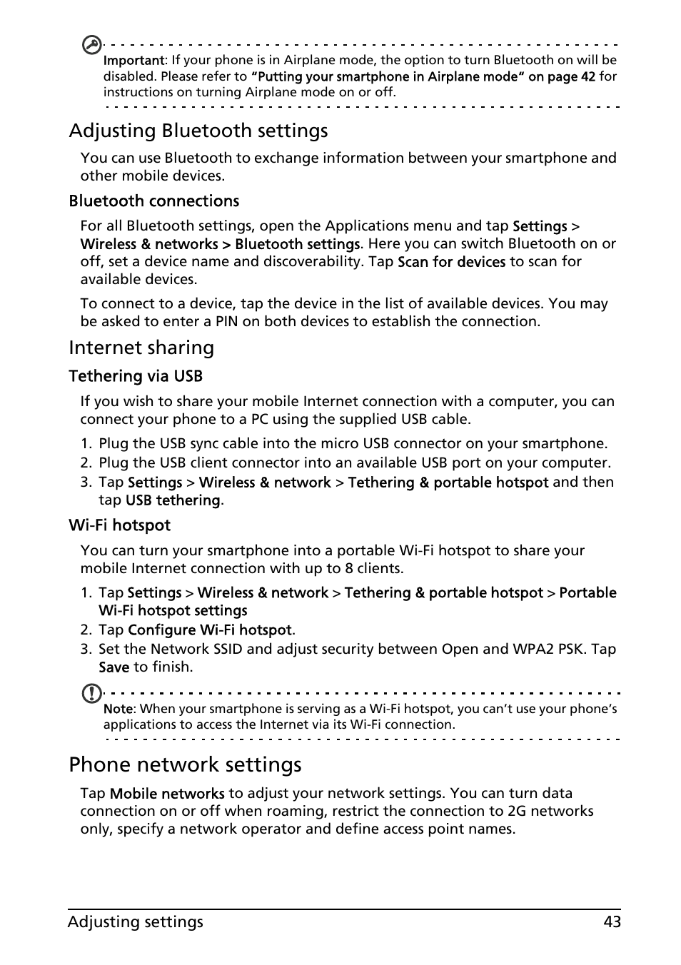 Phone network settings, Adjusting bluetooth settings, Internet sharing | Acer ICONIA SMART (S300) User Manual | Page 43 / 69