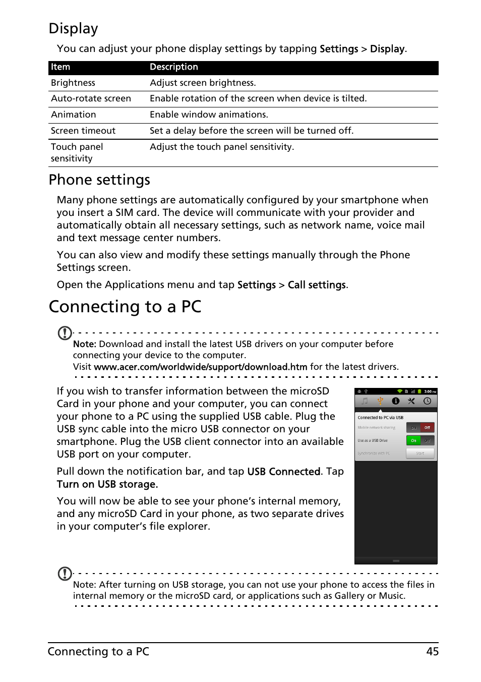 Connecting to a pc, Display, Phone settings | Acer ICONIA SMART (S300) User Manual | Page 45 / 69