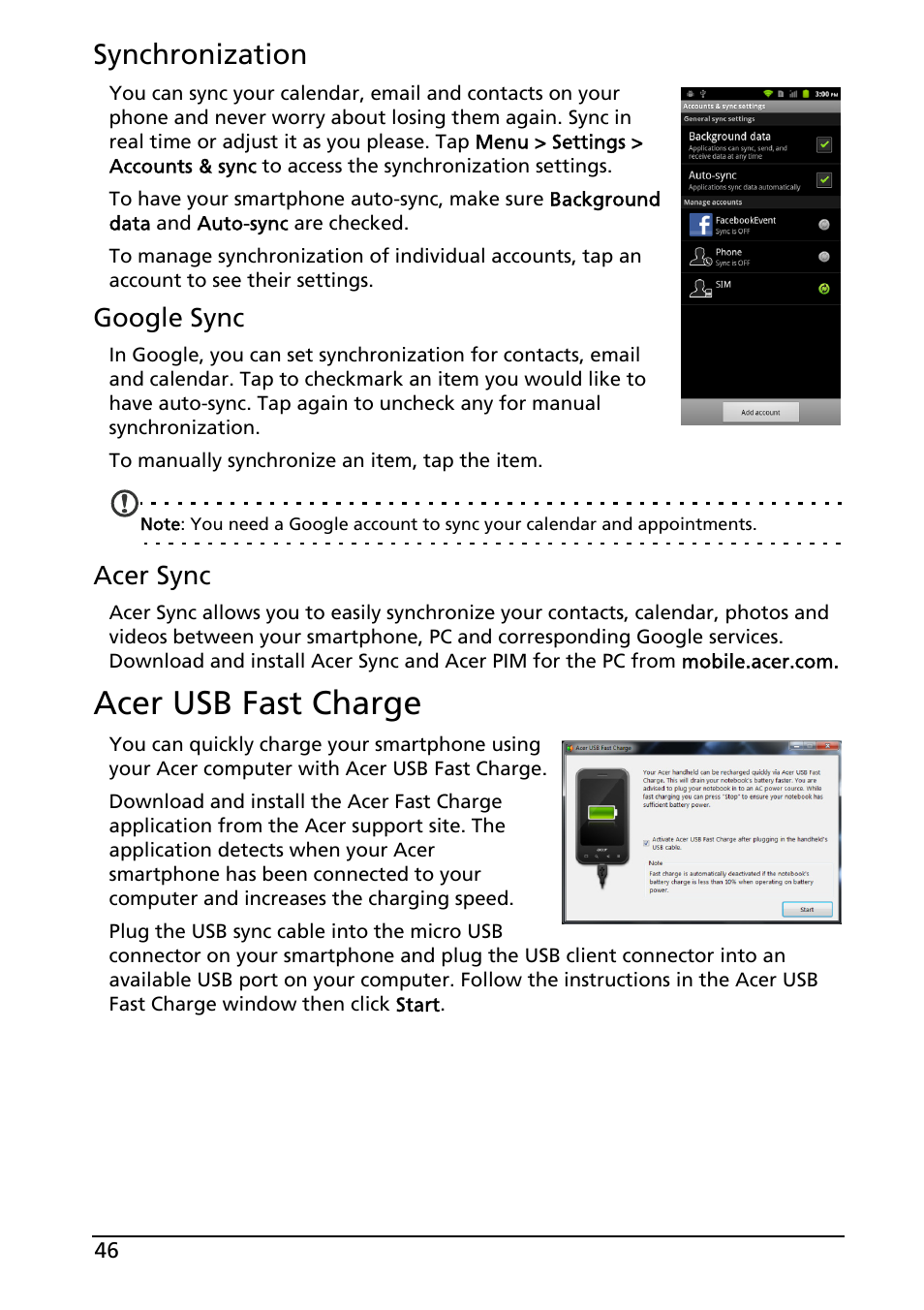 Acer usb fast charge, Synchronization | Acer ICONIA SMART (S300) User Manual | Page 46 / 69