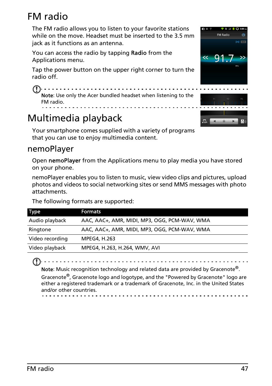 Fm radio, Multimedia playback, Fm radio multimedia playback | Nemoplayer | Acer ICONIA SMART (S300) User Manual | Page 47 / 69