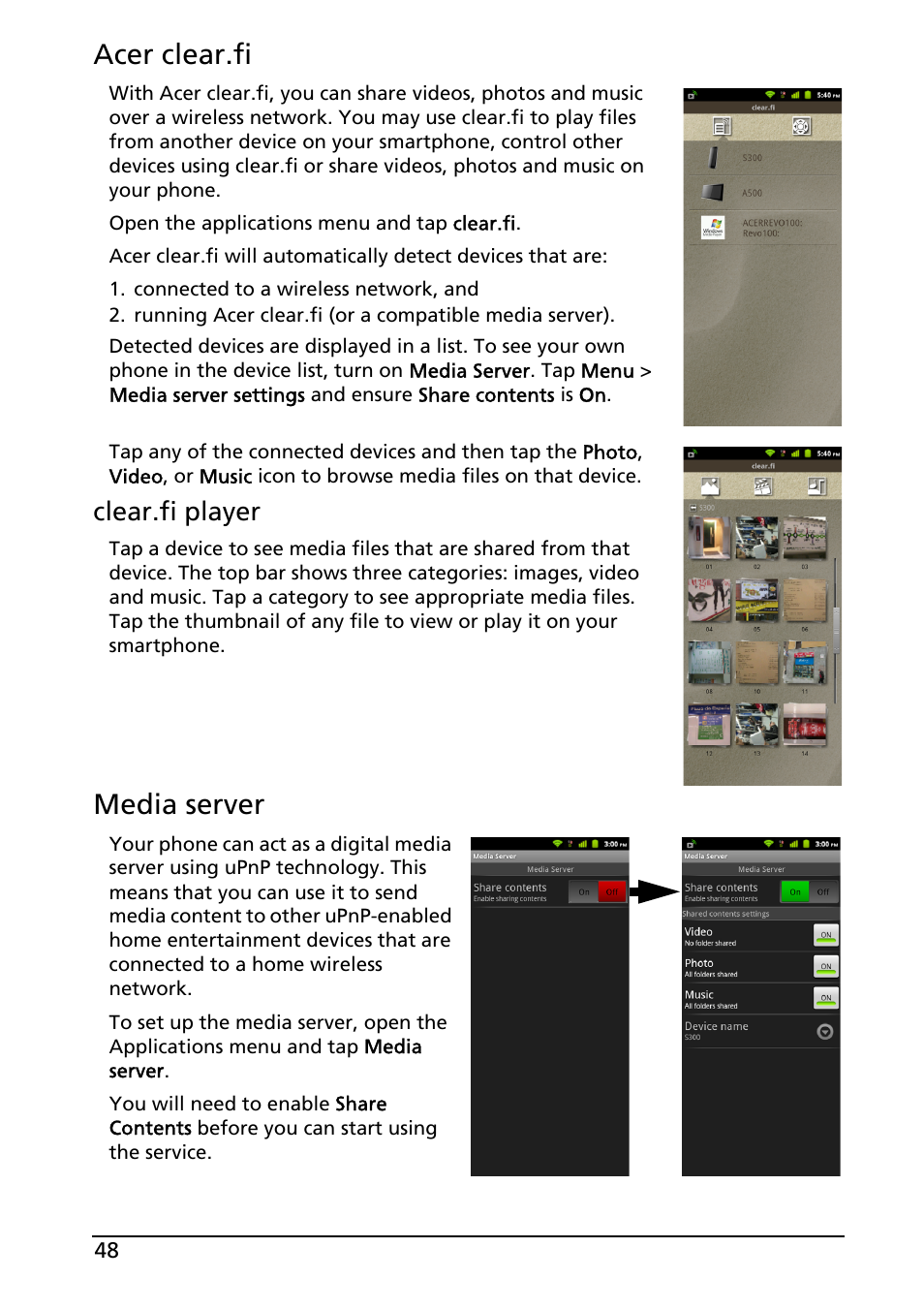 Acer clear.fi, Media server, Clear.fi player | Acer ICONIA SMART (S300) User Manual | Page 48 / 69