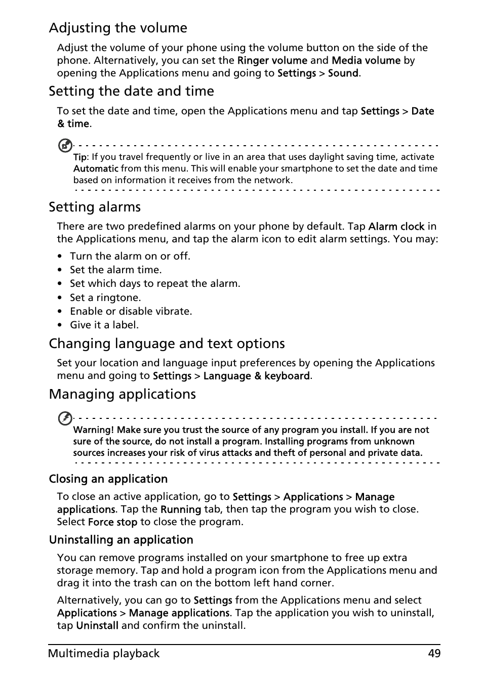 Adjusting the volume, Setting the date and time, Setting alarms | Changing language and text options, Managing applications | Acer ICONIA SMART (S300) User Manual | Page 49 / 69