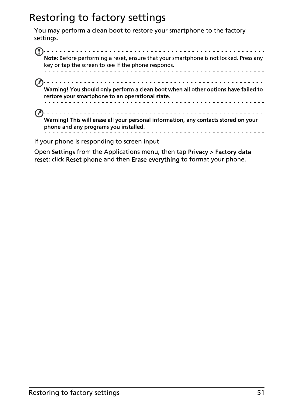 Restoring to factory settings | Acer ICONIA SMART (S300) User Manual | Page 51 / 69