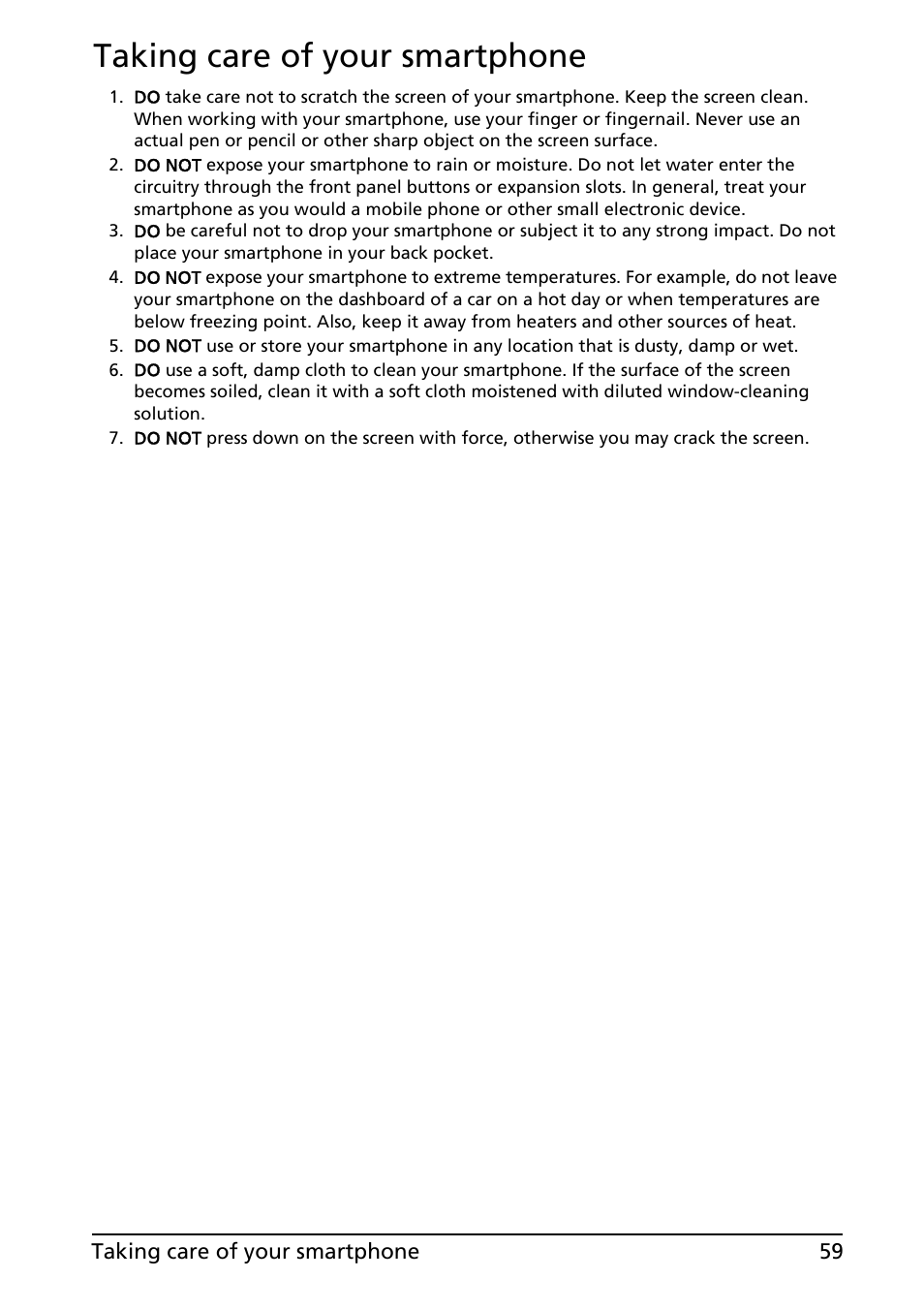 Taking care of your smartphone | Acer ICONIA SMART (S300) User Manual | Page 59 / 69