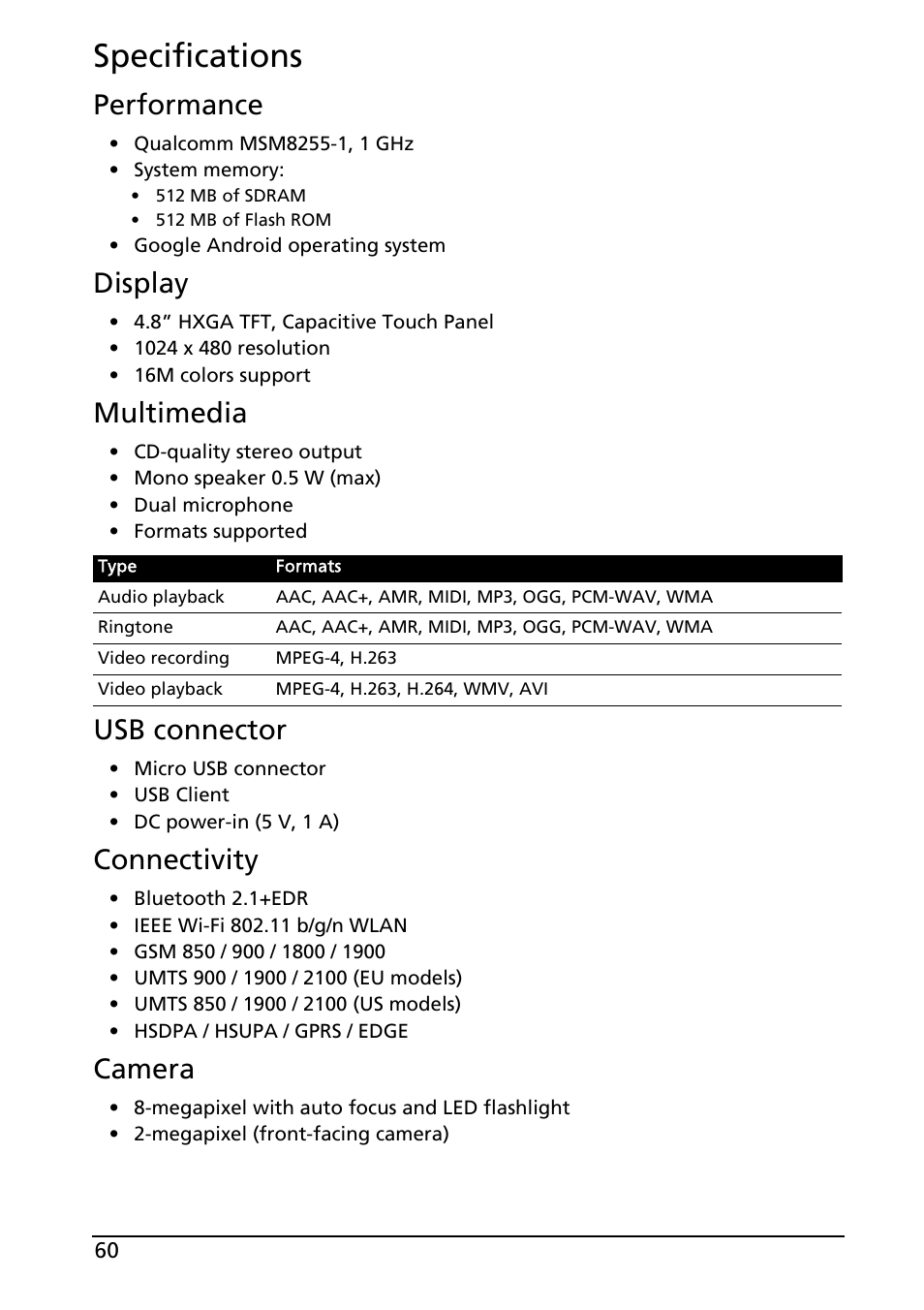 Specifications, Performance, Display | Multimedia, Usb connector, Connectivity, Camera | Acer ICONIA SMART (S300) User Manual | Page 60 / 69